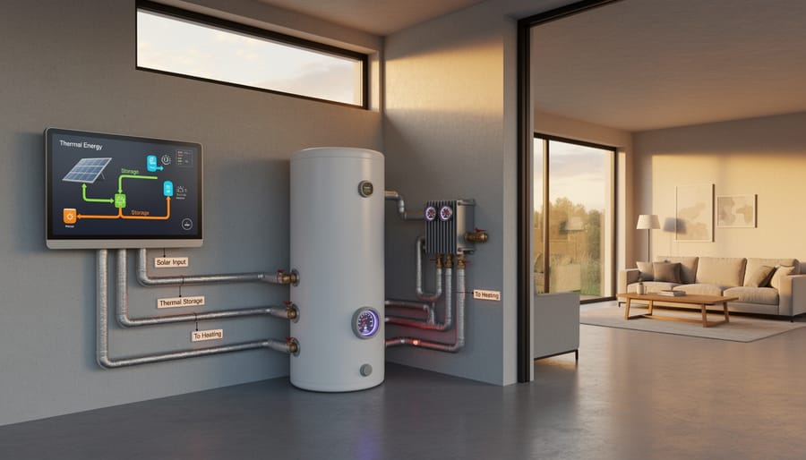 Solar thermal energy storage tank with copper piping in residential utility room