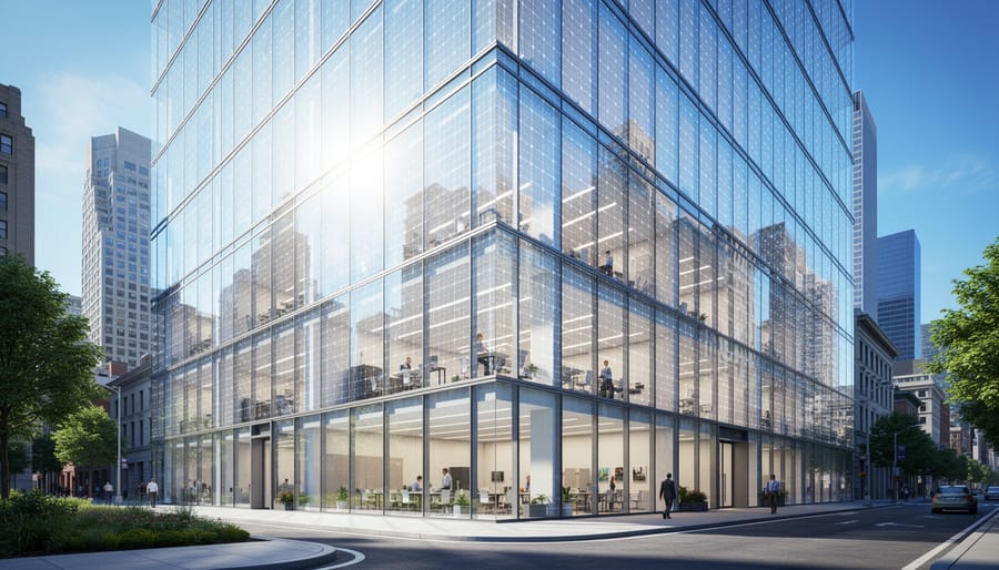 Modern building with transparent solar panel windows during sunset