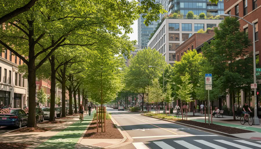 Tree-lined urban street with mature canopy creating green corridor through city