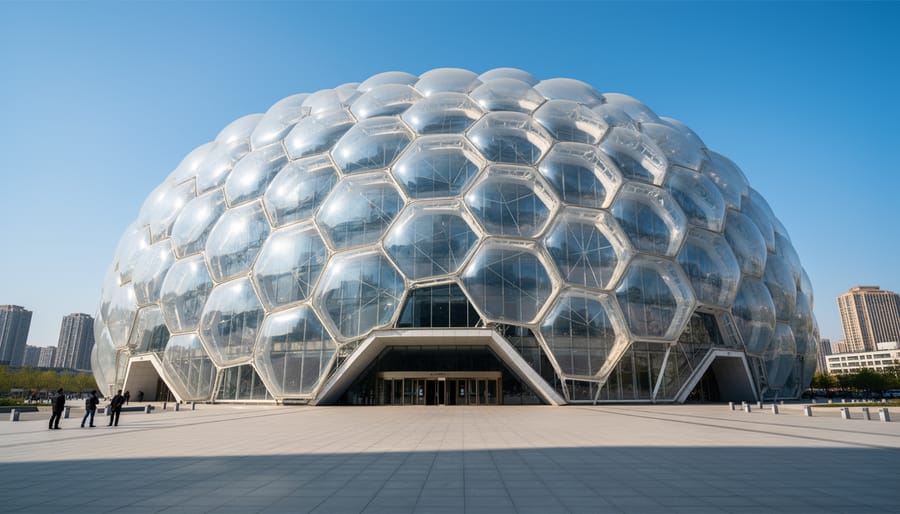 Beijing Water Cube building exterior showing bubble-inspired ETFE panel structure
