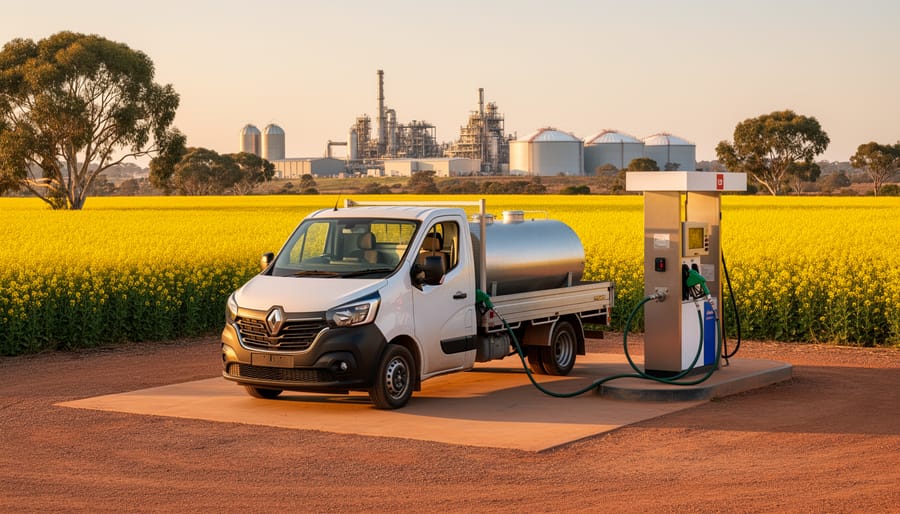 Delivery truck refueling next to a yellow canola field with a modern biodiesel refinery and storage tanks in the background under golden hour light in rural Australia.