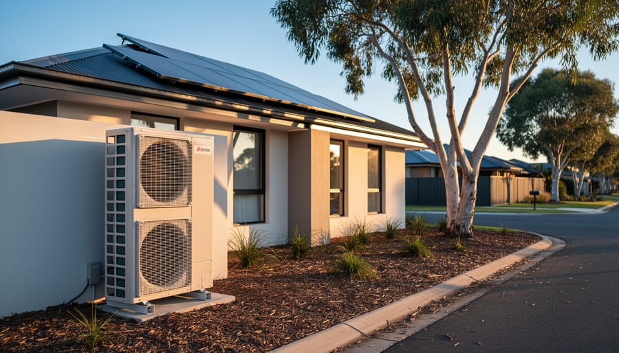 Outdoor air-source heat pump next to a modern Australian house with rooftop solar panels and eucalyptus trees at golden hour