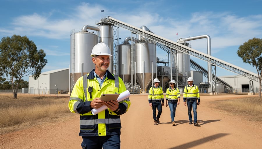Modern bioenergy production facility in Australia with biomass storage and renewable energy infrastructure