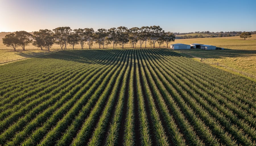 Low drone view of an Australian paddock growing bioenergy sorghum in curved contour rows with grassed interrows and a line of eucalypt windbreak trees, lit by warm golden-hour sun, with distant sheds and rolling fields.