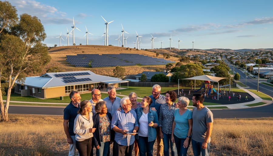 Community members collaborating on renewable energy project in rural Australian setting