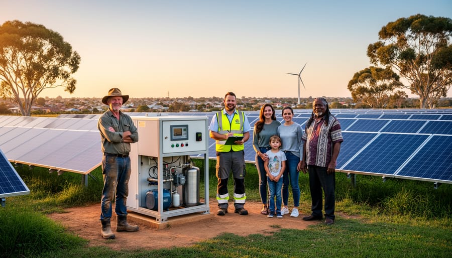 Diverse Australians stand beside a small bioenergy unit and solar panels on a regional property at sunset, with gum trees, a wind turbine, and town rooftops softly visible in the background.