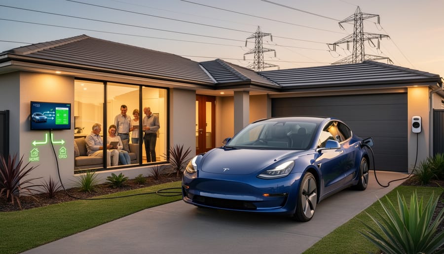 Australian family with their electric vehicle and solar-equipped home