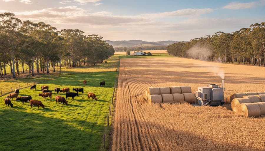 Elevated wide view of an Australian farm with golden wheat fields, native eucalypt shelter belts, cattle grazing on adjacent pasture, and stacked residue bales near a small biomass energy unit at sunset.