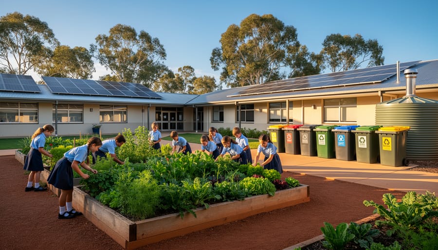 Students in uniforms garden in an Australian school courtyard with rooftop solar panels, a corrugated rainwater tank, and color-coded compost and recycling bins, backed by school buildings and eucalyptus trees in warm afternoon light.