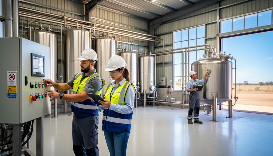 Workers collaborating at Australian biodiesel production facility
