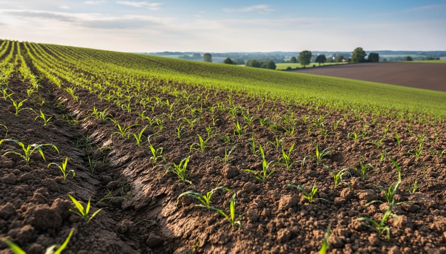Establishing switchgrass bioenergy crop field showing bare soil between young plants