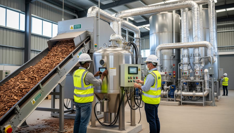 Bioresource engineer inspecting biomass materials at bioenergy production facility