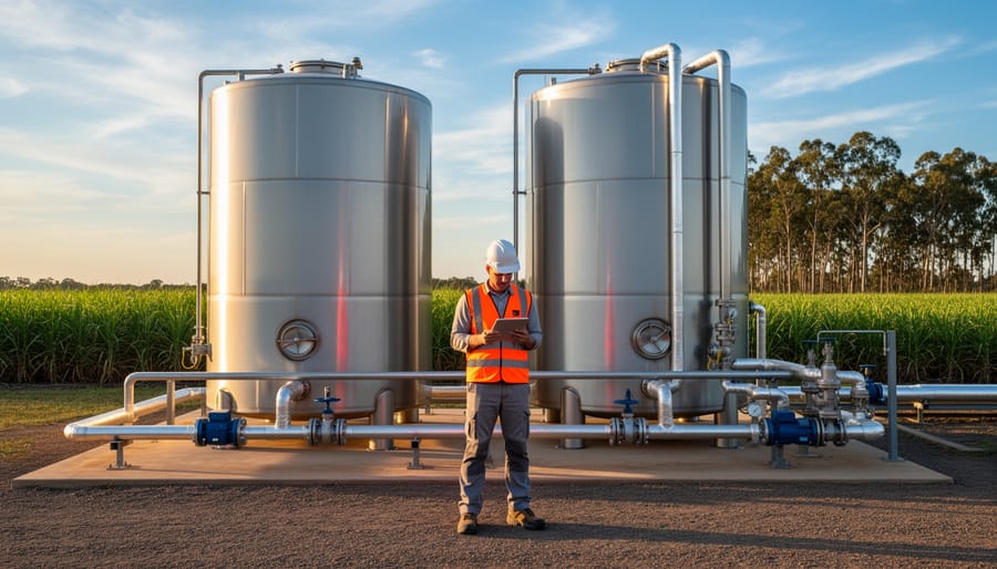 Bioresource engineer in high-vis vest and hard hat using a tablet while inspecting stainless steel anaerobic digester tanks at a rural Australian bioenergy plant, with piping and sugarcane fields in the background at golden hour.