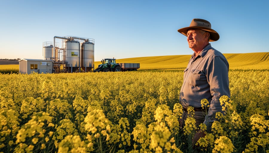 Australian farmer in canola field used for biodiesel feedstock production