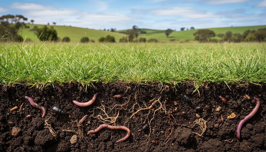 Farmer's hands holding dark, organic-rich soil with visible earthworms and soil organisms