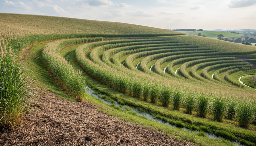 Bioenergy crop field planted in contour rows following land slope to control erosion
