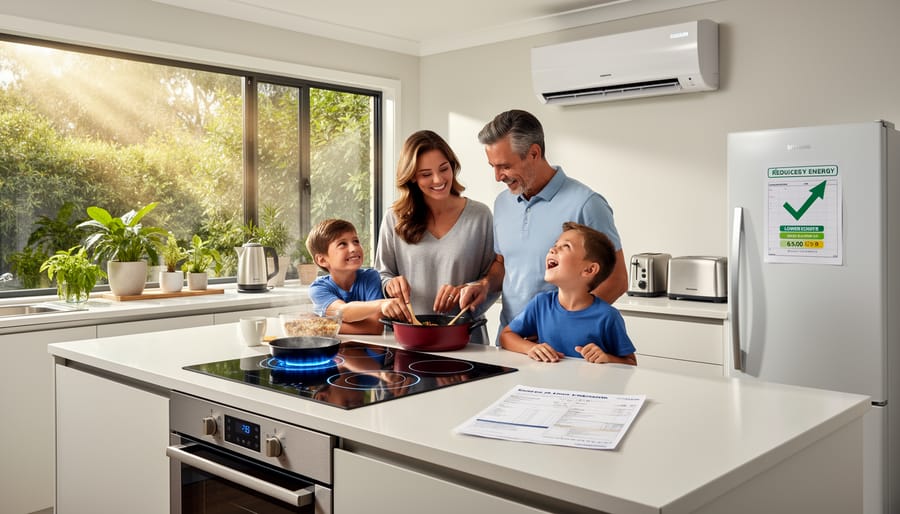 Electric induction cooktop and reduced energy bill showing household savings from electrification