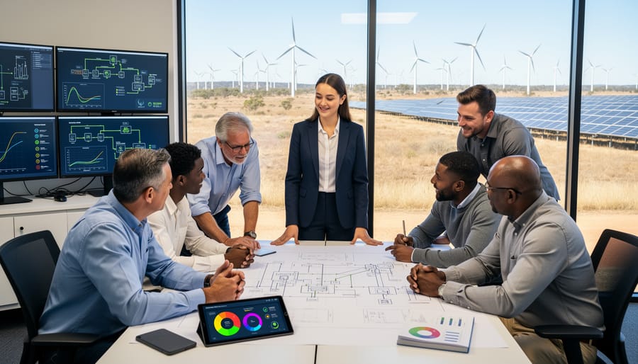 Team of bioresource engineers collaborating on renewable energy project planning