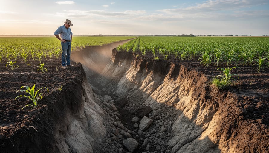 Aerial view of severe erosion gullies in agricultural field showing significant soil loss