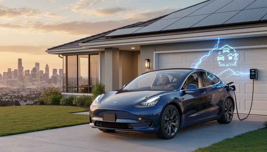 Electric vehicle plugged into home charging station in residential driveway