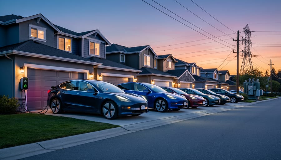 Electric vehicle plugged into home charging station at dusk in Australian suburb