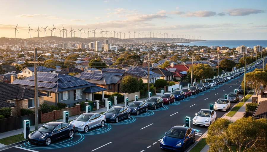 Modern Australian suburban neighborhood with electric vehicles and energy-efficient homes at dusk