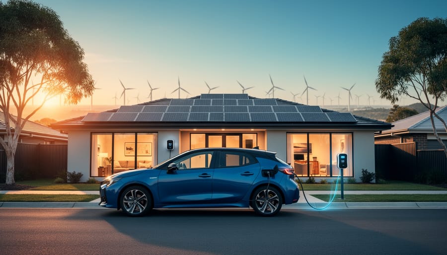 Electric hatchback plugged into a bidirectional home charger in an Australian driveway at sunset, with rooftop solar panels and warm interior lights visible, representing vehicle-to-grid power for the home.