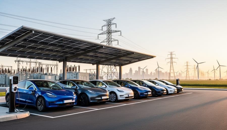 Electric vehicles charging at smart stations under a solar-panel carport next to a modern commercial building, with power lines, substation equipment, and distant wind turbines at sunset.