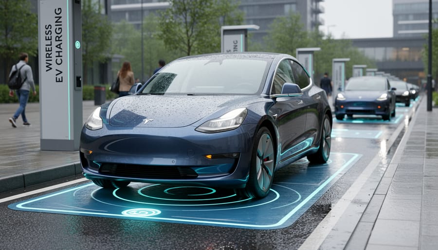 Electric vehicle positioned over wireless charging pad in residential garage