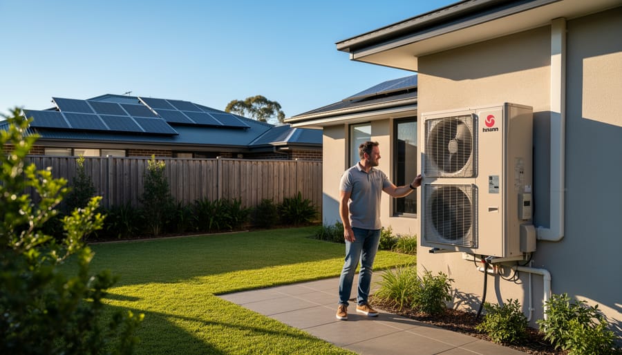 Modern heat pump water heater installed on exterior wall of Australian home