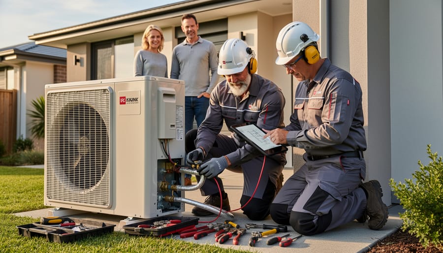 Licensed electrician installing heat pump system at Australian residential property