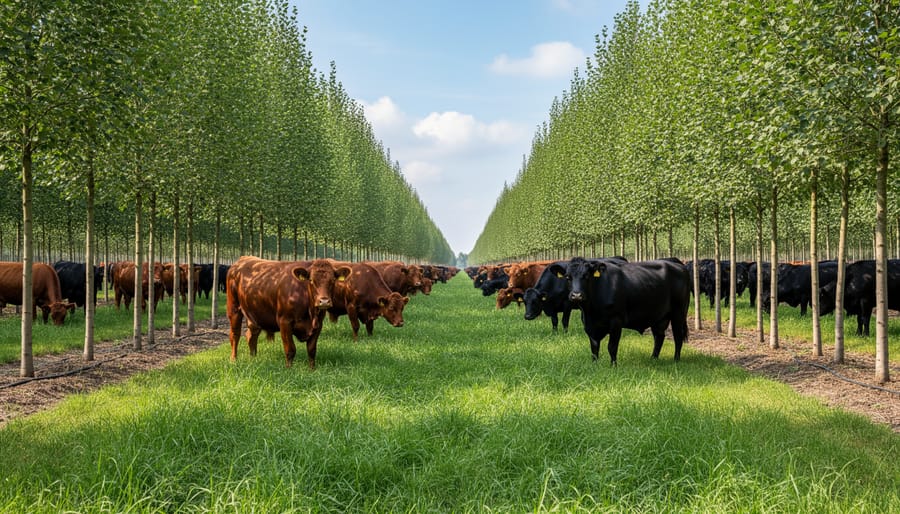 Aerial view of cattle grazing in silvopasture system with tree rows for biomass production
