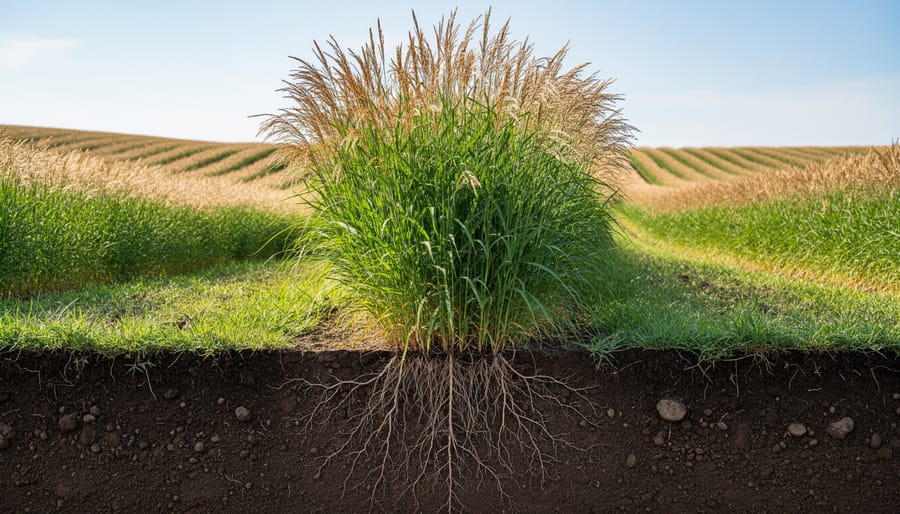 Dense perennial switchgrass energy crop growing in field with golden sunlight