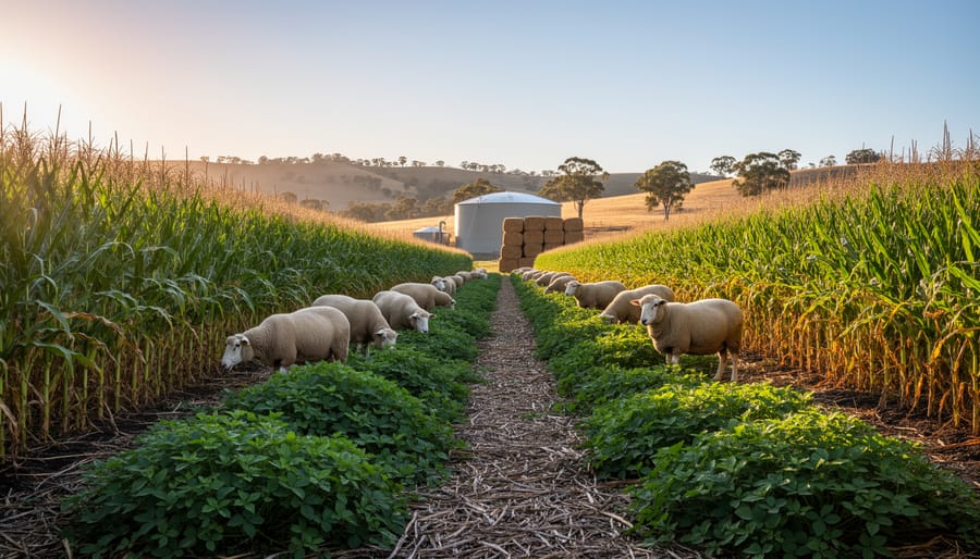 Eye-level wide photo of tall biomass sorghum rows with sheep grazing on green cover crops and mulched soil in regional New South Wales at golden hour, with rolling hills, scattered gum trees, and a small biogas digester and stacked biomass bales softly blurred in the background.
