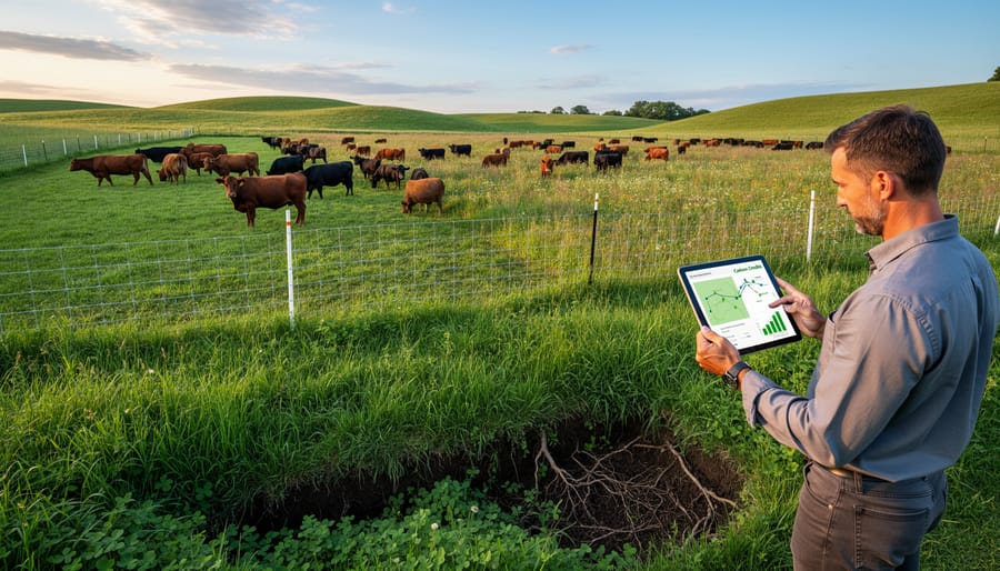 Cattle grazing on healthy green pasture with farmer on horseback managing rotational grazing
