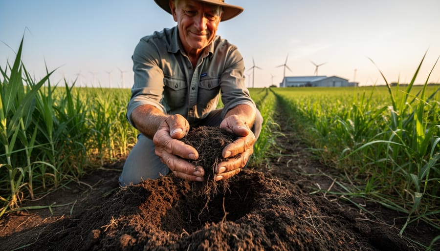 Farmer's hands holding healthy dark soil from regenerative bioenergy farm