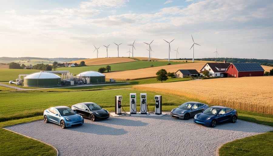 Electric vehicle charging in rural Australian farmland with wind turbines visible on distant hills