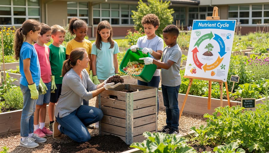 Students' hands holding compost with earthworms from school composting program