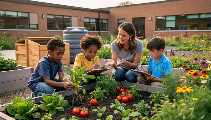 Students working together in school vegetable garden with native plants