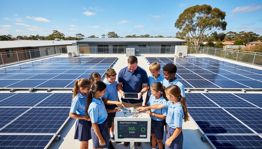 Students observing solar panels installed on their school rooftop
