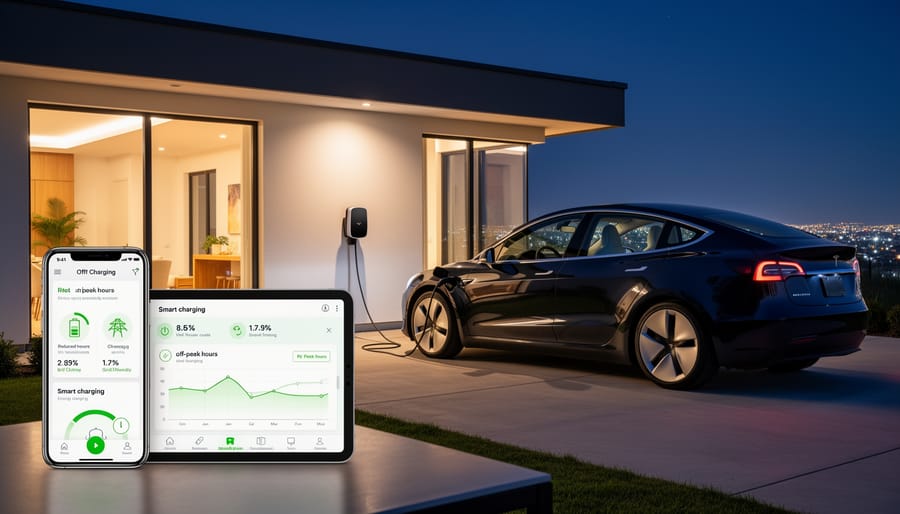Wall-mounted smart EV charger with digital display connected to electric vehicle