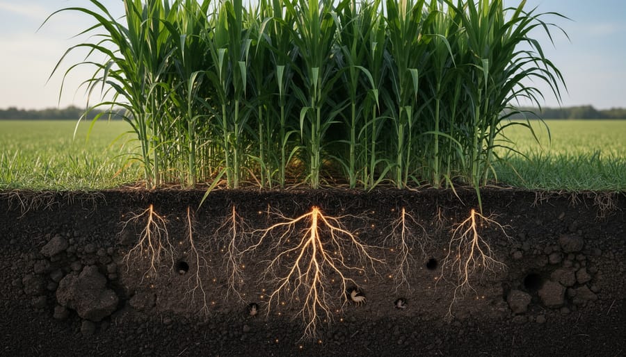 Cross-section of rich dark soil showing plant root systems and organic matter