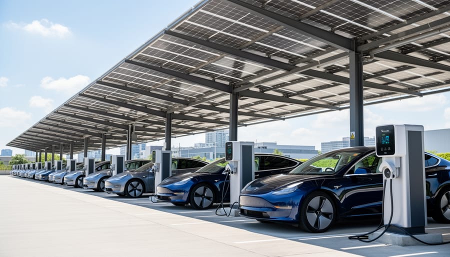 Solar panel array on commercial building roof with EV charging stations in parking lot below