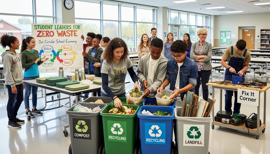 Students managing school recycling program at sorting station