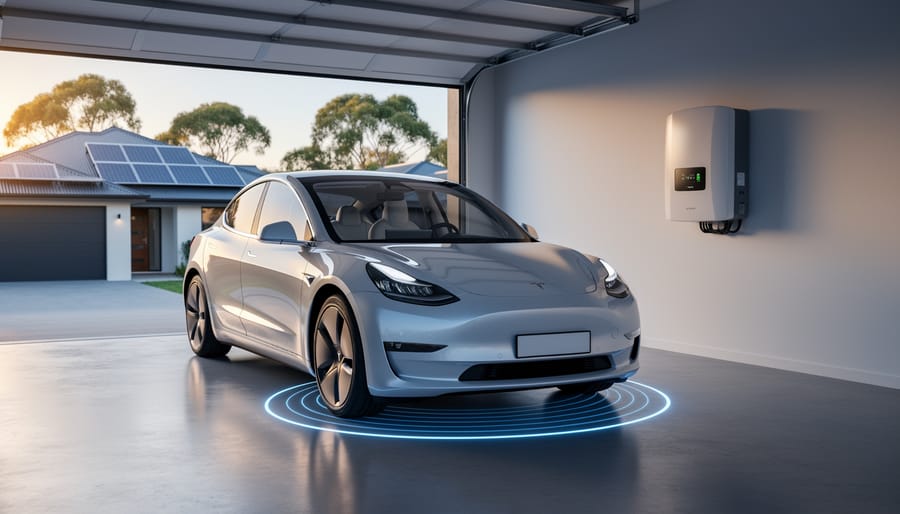 Electric vehicle positioned over a glowing wireless charging pad in a modern Australian garage, with a wall-mounted home battery and inverter, and blurred rooftop solar panels and eucalyptus trees visible through the open garage.