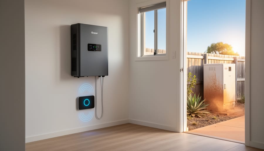 Residential battery storage system with solar panels mounted on Australian home exterior