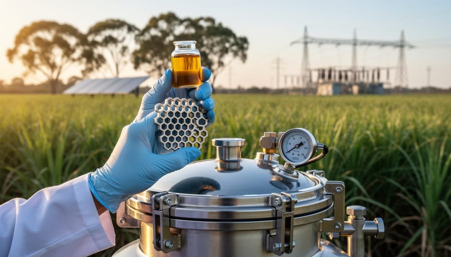 Close-up at eye level of a gloved hand holding a metallic honeycomb catalyst and small vial of bio-oil above a stainless bioreactor, with a blurred Australian sugarcane field, eucalyptus trees, and distant solar panels and grid equipment at golden hour.