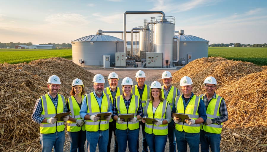 Farmer at community bioenergy facility with agricultural waste materials