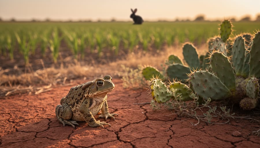 Ground-level photo of a cane toad on cracked red soil beside prickly pear pads at the margin of a young sugarcane field, with blurred cane rows, dry grassland, and a distant rabbit silhouette in warm sunset light.