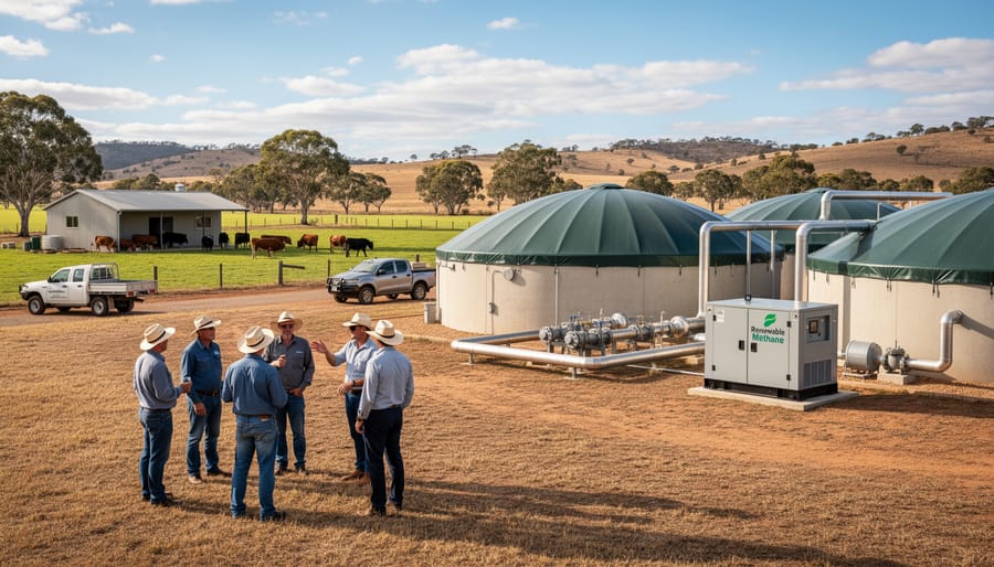 Australian farmer standing beside biogas facility equipment on working farm